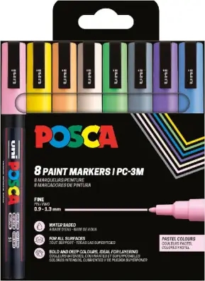 Posca PC3M Pack de 8 Marcadores de Pintura - Punta Conica 0.9-1.3mm - Tinta Base al Agua - Resistente a la Luz  - Ideal para Carteleria y Decoracion - Colores Surtidos Pastel