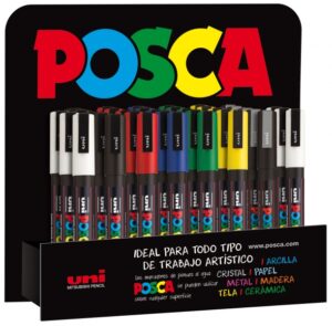 Posca PC3M Expositor de 36 Marcadores de Pintura - Punta Conica de Poliester 0.9-1.3mm - Tinta Base al Agua - Resistente a la Luz - No Permanente - Colores Surtidos