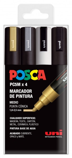 Posca PC-5M Pack de 4 Marcadores de Pintura - Punta de Bala 1.8-2.5mm - Tinta Base al Agua - No Permanente - Resistente a la Luz - Colores Oro, Plata, Blanco y Negro
