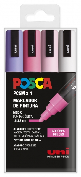 Posca PC-5M Estuche de 4 Marcadores de Pintura - Punta de Bala 1.8-2.5mm - Tinta Base al Agua - Resistente a la Luz - Color Surtido
