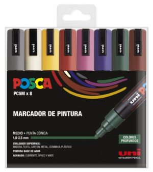 Posca PC-5M Estuche de 8 Marcadores de Pintura - Punta de Bala 1.8-2.5mm - Tinta Base al Agua - Resistente a la Luz - No Permanente - Color Surtido