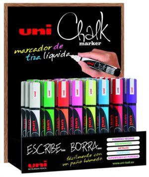 Uni-ball Chalk PWE-5M Expositor de 36 Marcadores de Tiza Liquida - Punta Conica 1.8-2.5mm - Borrado en Humedo - Resistente a la Lluvia - Colores Surtidos