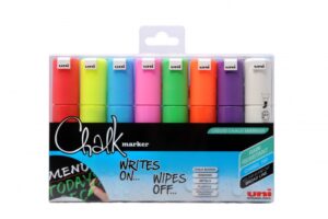 Uni-ball Chalk PWE-8K Pack de 8 Marcadores de Tiza Liquida - Punta Biselada 8mm - Borrado en Humedo - Resistente a la Lluvia - Colores Surtidos