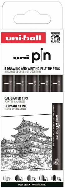 Uni-ball Uni Pin Clasico I Pack de 5 de Rotuladores Calibrados 0.1, 0.3, 0.5, 0.7 y 0.9 - Punta Poliacetal - Tinta Pigmentada Resistente al Agua y Luz - Color Negro