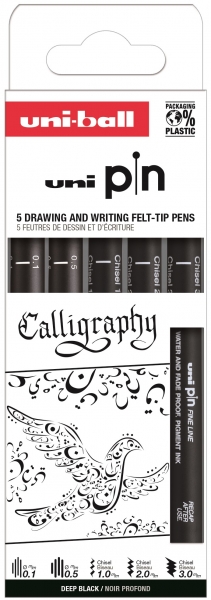 Uni-ball Uni Pin Caligrafia Pack de 5 Rotuladores Calibrados 0.1, 0.5, Chisel 1.0, Chisel 2.0 y Chisel 3.0 - Tinta Pigmentada Resistente al Agua y Luz - Ideal para Dibujo Profesional y Escritura - Color Negro