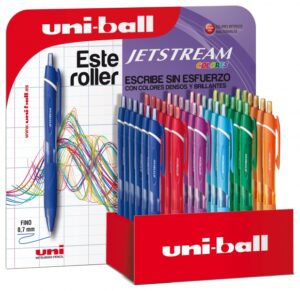 Uni-ball SXN-150C JetStream Colores Expositor de 36 Boligrafos Retractiles - Punta de Bola 0.7mm - Tinta Pigmentada Resistente al Agua y Luz - Secado Instantaneo - Colores Surtidos
