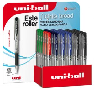 Uni-ball Signo Broad UM-153/3D Expositor de 36 Rollers de Tinta Gel - Punta de Bola 1mm - Trazo Estilo Pluma - Sujecion de Caucho - Color Surtido