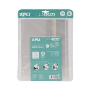 Apli Pack de 5 Forros para Libros 280mm de Polipropileno 75 micras - Solapa Autoajustable - Facil Forrado en 3 Pasos - Sin Necesidad de Cortar ni Usar Cinta Adhesiva - Transparente