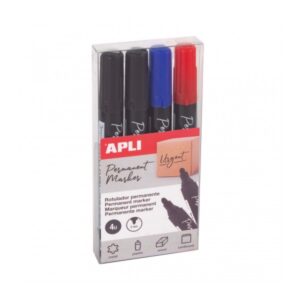 Apli Pack de 4 Rotuladores Permanentes Punta Redonda - Resistentes al Agua - Multifuncionales - para Metal, Plastico, Madera y Carton - Color Azul Negro Rojo