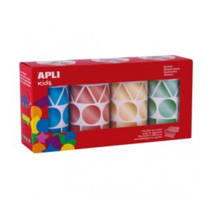 Apli Pack con 4 Rollos de Gomets Geometricos - 1081 Gomets por Rollo - Adhesivo Permanente - 4.324 Gomets en Total - Ideales para Escuelas Infantiles - Colores Metalizados Azul, Rojo Amarillo y Verde
