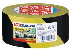 Tesa Cinta Adhesiva de Señalizacion 50mm x 66m - Ideal para Señalizar Obstaculos Permanentes - Adhesivo sin Disolventes - Color Amarillo/Negro