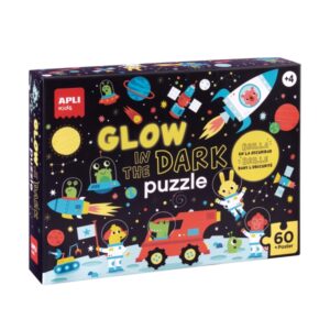 Apli Glow in the Dark Puzzle Fluorescente de 60 Piezas 6x6cm - Tematica Espacio - Efecto Fluorescente que Revela Diseños Ocultos - Poster para Facilitar Montaje - Recomendado para Niños a partir de 4 Años