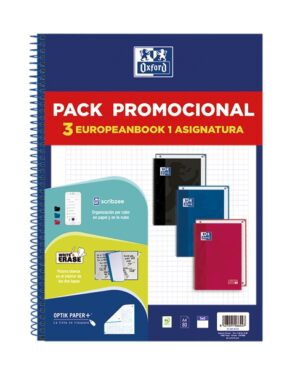 Oxford Europeanbook 1 Classic Pack de 3 Cuadernos Espiral Formato A4+ Cuadriculado 5x5mm - 80 Hojas 90gr - Tapa Extradura Tacto Suave - Recuadro de Color - Colores Vivos Surtidos