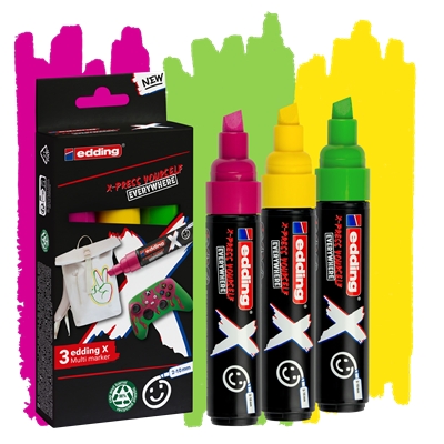 Edding X 6900 Caramelo Pack de 3 Rotuladores Multisuperficie Permanentes de Tinta Opaca - Punta Biselada con Trazo 2-10mm - Color Amarillo, Verde y Magenta
