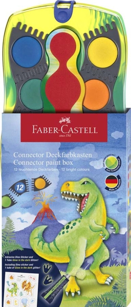 Faber-Castell Connector Dinosaurio Pack de 12 Acuarelas en Pastilla + Pintura Blanca Opaca + Pegatinas - Gran Opacidad - Facilmente Mezclables - Colores Surtidos