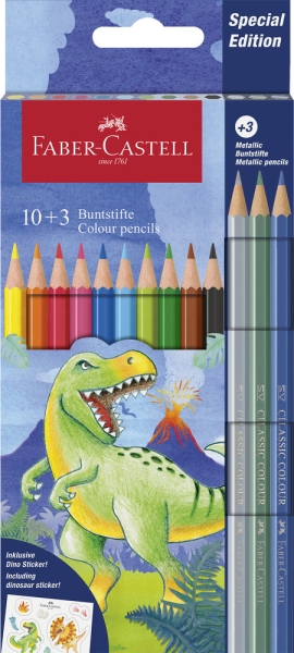 Faber-Castell Edicion Dinosaurios Pack de 13 Lapices de Colores Hexagonales - 10 Colores Clasicos + 3 Colores Metalizados - Incluye Pegatinas de Dinosaurios - Resistencia a la Rotura - Colores Surtidos