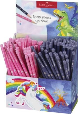 Faber-Castell Expositor de 144 Lapices de Grafito HB - Diseños con Motivos de Dinosaurios y Unicornios - Colores Surtidos
