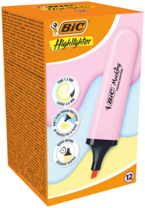 Bic Marking Highlighter Flat Marcador Fluorescente - Punta Biselada - Trazo entre 1.20 y 4.60 mm - Tinta con Base de Agua - Color Rosa Pastel