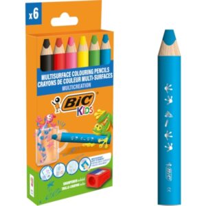 Bic Kids Multisuperficie Pack de 6 Lapices de Colores + Sacapuntas - Cuerpo Triangular - Minas Borrables en Superficies No Porosas - Colores Surtidos