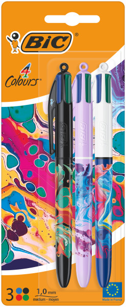 Bic 4 Colours Decors Hydro Pack de 3 Boligrafos de Bola Retractil - Punta Media de 1.0mm - Tinta con Base de Aceite - 4 Colores