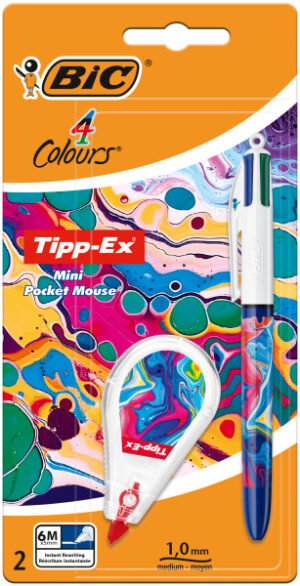 Bic 4 Colours Decors Hydro Pack de 1 Boligrafo de Bola Retractil + Corrector Pocket Mouse 5mmx6m - Punta Media de 1.0mm - Tinta con Base de Aceite - 4 Colores