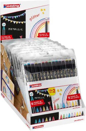 Edding 1200 Expositor con 15 Packs de 15 Rotuladores - Punta Redonda - Tinta con Base de Agua - Colores Metalicos y Purpurina Surtidos