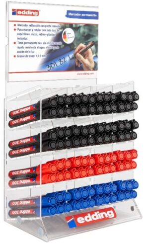 Edding 300 Expositor de 96 Rotuladores Permanentes - Punta Redonda - Trazo entre 1.5 y 3mm - Tinta Casi Inodora - Capuchon con Clip - Secado Rapido - Colores Negro, Azul y Rojo