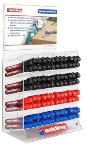 Edding 330 Expositor con 96 Rotuladores Permanentes - Punta Biselada - Trazo entre 1 y 5 mm. - Tinta casi Inodora - Capuchon con Clip - Secado Rapido - Colores Negro, Azul y Rojo