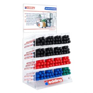 Edding 3000 Expositor con 128 Rotuladores Permanentes - Punta Redonda de 1.5mm - Trazo entre 1.5 y 3mm - Recargable - Secado Rapido - Colores Negro, Azul, Rojo y Verde