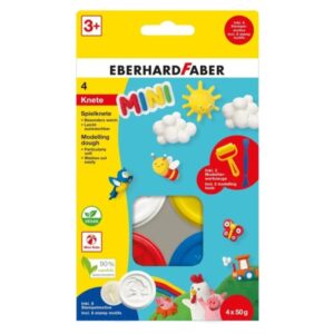 Eberhard Faber Mini Kids Pack con 4 Botes 50gr de Pasta de Modelar + 2 Herramientas - 90% Ingredientes Naturales - Facil de Lavar - Colores Blanco, Amarillo, Rojo y Azul