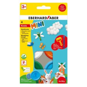Eberhard Faber Mini Kids Pack con 4 Botes 50gr de Pasta de Modelar + 2 Herramientas - 90% Ingredientes Naturales - Facil de Lavar - Colores Blanco, Naranja, Verde y Azul
