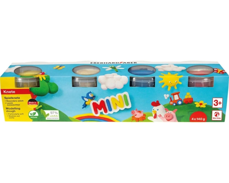 Eberhard Faber Mini Kids Pack con 4 Botes 140gr de Pasta de Modelar - 97% Ingredientes Naturales - Colores Blanco, Amarillo, Rojo y Azul