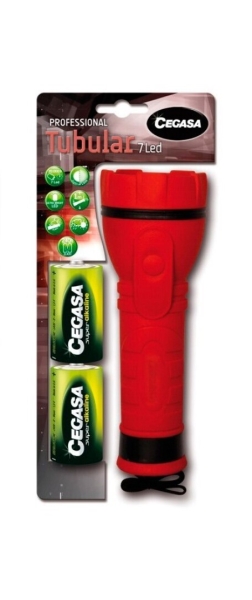 Cegasa Profesional Linterna de 7 LED - Cuerpo de Goma Antideslizante - Resistente a Golpes y Humedad - Funciona con 2 Pilas LR20 (Incluidas)