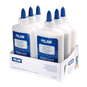 Milan Expositor con 6 Botes de Cola Blanca 250gr - Lavable y sin Disolventes - Ideal para Uso Escolar y Manualidades - Transparente al Secarse