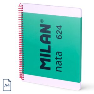 Milan Nata 624 Cuaderno Espiral Formato A4 Liso - 80 Hojas de 95 gr/m2 - Microperforado, 4 Taladros - Color Verde