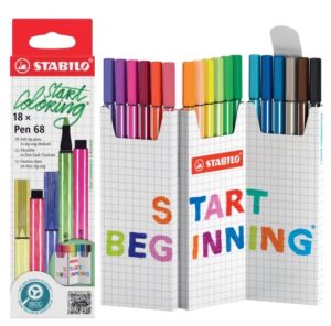 Stabilo Pen 68 Pack de 18 Rotuladores de Punta de Fibra - Trazo de 1mm aprox. - Tinta con Base de Agua - Colores Surtidos