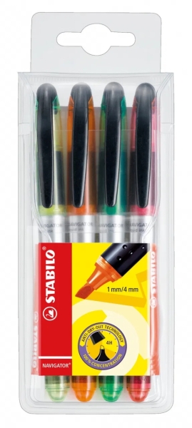 Stabilo Navigator Pack de 4 Marcadores Fluorescentes - Zona de Agarre - Diseño Delgado - Practico Clip para Llevar - Trazo entre 2 y 5mm - Colores Amarillo, Naranja, Verde y Rosa