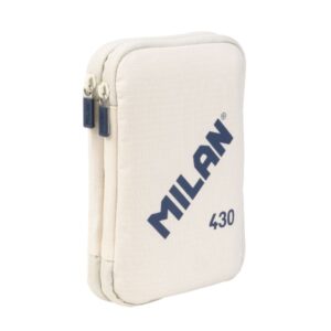 Milan Coleccion 430 Plumier de 2 Pisos con 2 Gomas de Borrar, Sacapuntas, Lapiz, Boligrafo P1 Touch Azul, Regla, 12 Lapices de Colores y 18 Rotuladores - Color Beige
