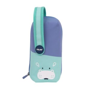 Milan Fun Animals Pack de 4 Estuches con Contenido de Serie - Contenido: Goma de Borrar, 2 Sacapuntas, Lapiz, 1 Boligrafo Sway Azul y 2 Boligrafos P1 Touch Negro y Rojo, Regla de 15cm, 10 Lapices de Colores Ergo y 12 Rotuladores - Color Azul/Turquesa