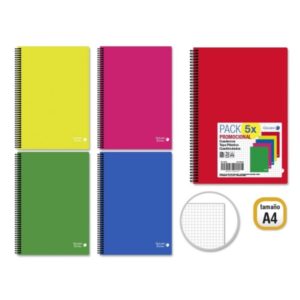 Golden Basic Pack de 5 Cuadernos A4 80 Hojas 90gr Cuadricula 4x4 - Ideal para Estudiantes - Tapa Polipropileno - Colores Surtidos
