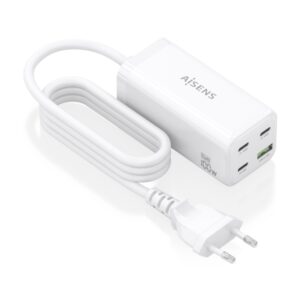 Aisens Cargador GAN 100W - 3xUSB-C PD3.0, QC4.0, QC5.0 - 1xUSB-A QC3.0 - Cable 1.4 Metros - Color Blanco