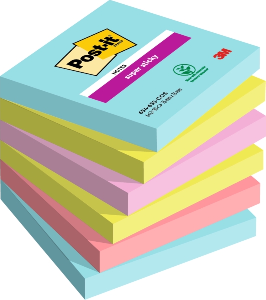 Post-It Super Sticky Pack de 6 Blocs de 90 Notas Adhesivas Reposicionables - Forma Cuadrada - 76x76mm - Colores Surtidos
