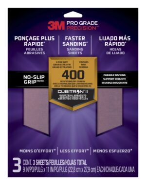 3M Pro Grade Precision Pack de 3 Hojas de Lijado - Grano 400 Extrafino - 22.8x27.9cm - Rendimiento Superior - Reduccion de Fatiga - Color Morado