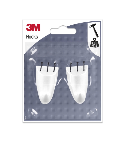 3M Pack de 2 Ganchos para Clavar - Formato M - Soporta hasta 5kg - Color Blanco