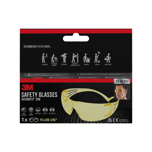 3M Securefit Gafas de Seguridad - Lentes Amarillas - Mejor Contraste en Poca Luz - Antivaho - Antirrayaduras - Proteccion UV - Color Amarillo Claro