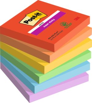 Post-It Super Sticky Pack de 6 Blocs de 90 Notas Adhesivas Reposicionables - Forma Cuadrada - 76x76mm - Colores Surtidos