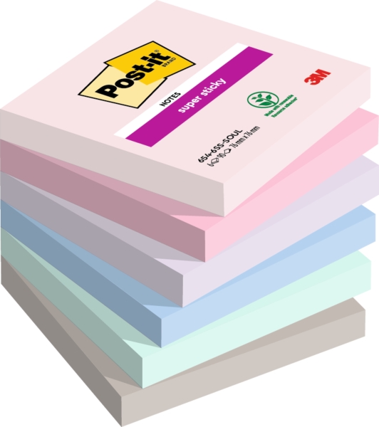 Post-It Super Sticky Pack de 6 Blocs de 90 Notas Adhesivas Reposicionables - Forma Cuadrada - 76x76mm - Colores Surtidos