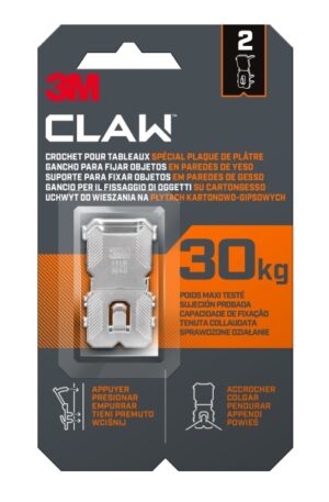 3M Claw Pack de 2 Ganchos de Metal para Paredes de Yeso - Soporta hasta 30kg - Color Gris/Titanio