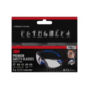 3M Solus Gafas de Seguridad - Junta de Espuma Acoplable - Revestimiento Antivaho - Lente Transparente - Antirrayaduras - Proteccion UV - Color Negro/Azul