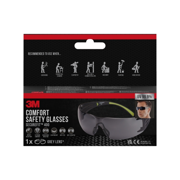 3M Securefit Gafas de Seguridad - Lentes Oscurecidas - Antivaho - Antirrayaduras - Proteccion UV - Color Negro/Verde